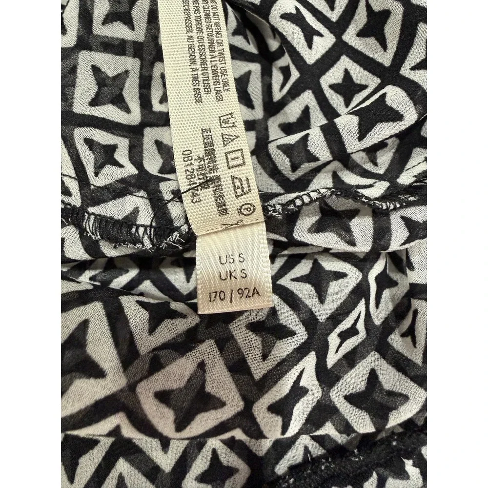 Free People Intimately Geometric Print Sheer Tie Neck Blouse Black White Small